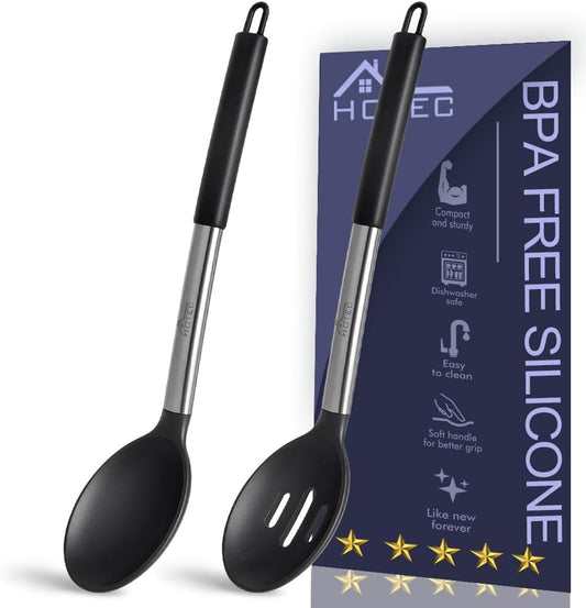 HOTEC 446°F Heat Resistant Large Silicone Cooking Spoon, BPA Free Solid Slotted Spoons, Nonstick Kitchen Cookware Utensils, Mixing, Serving, Stiring Large Spoons, Black