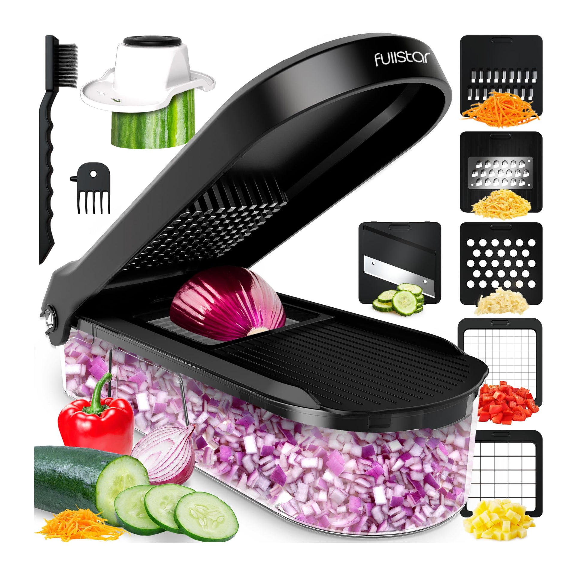 Fullstar Mandoline Slicer for Kitchen - Vegetable Chopper, Onion Potato Food Veggie Fruit Slicer and Cutter with Container, Kitchen Gadgets & Accessories, Home Essentials (6-in-1, White/Black)