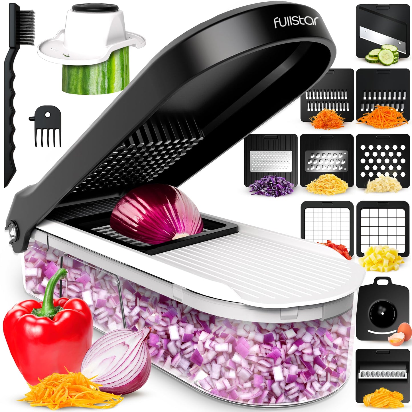 Fullstar Mandoline Slicer for Kitchen - Vegetable Chopper, Onion Potato Food Veggie Fruit Slicer and Cutter with Container, Kitchen Gadgets & Accessories, Home Essentials (6-in-1, White/Black)