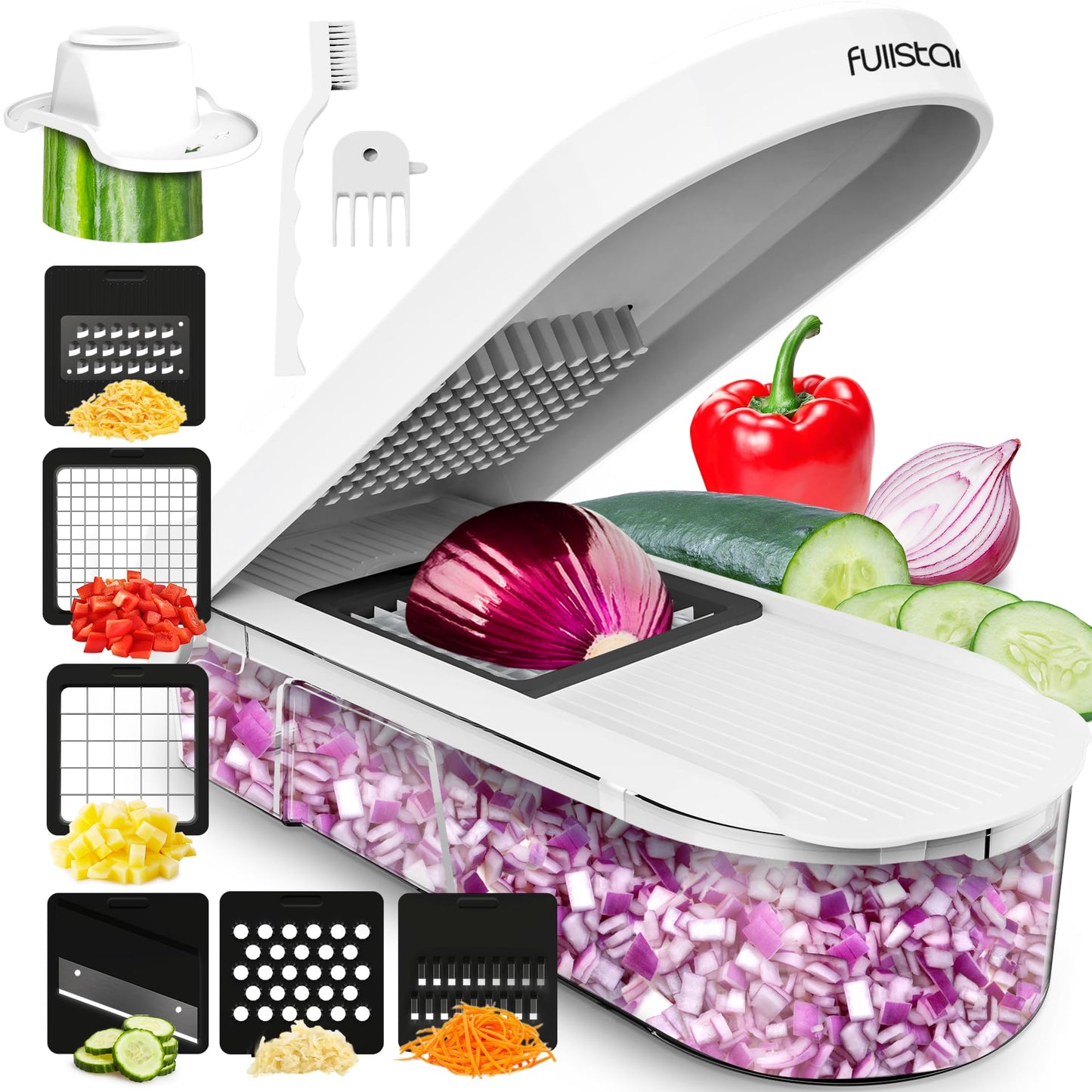 Fullstar Mandoline Slicer for Kitchen - Vegetable Chopper, Onion Potato Food Veggie Fruit Slicer and Cutter with Container, Kitchen Gadgets & Accessories, Home Essentials (6-in-1, White/Black)
